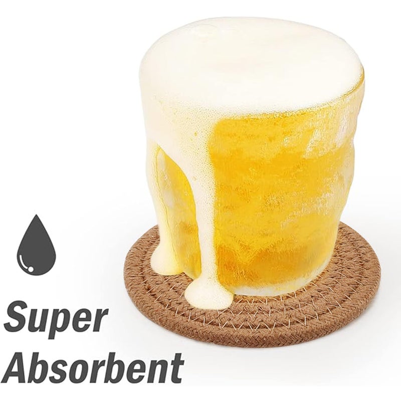 ABenkle 8 Pcs Drink Coasters with Holder  Cotton Woven Absorbent Coasters for Drinks  Minimalist Home Decor Coaster Set for Wooden Tabletop Protection Table  4.3 inches Brown - Image 3